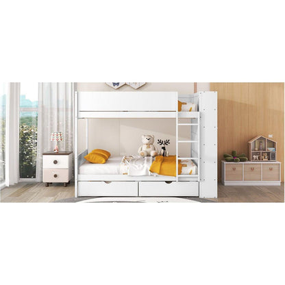 Full over Full Bunk Bed With 2 Drawers and Multi-layer Cabinet, White