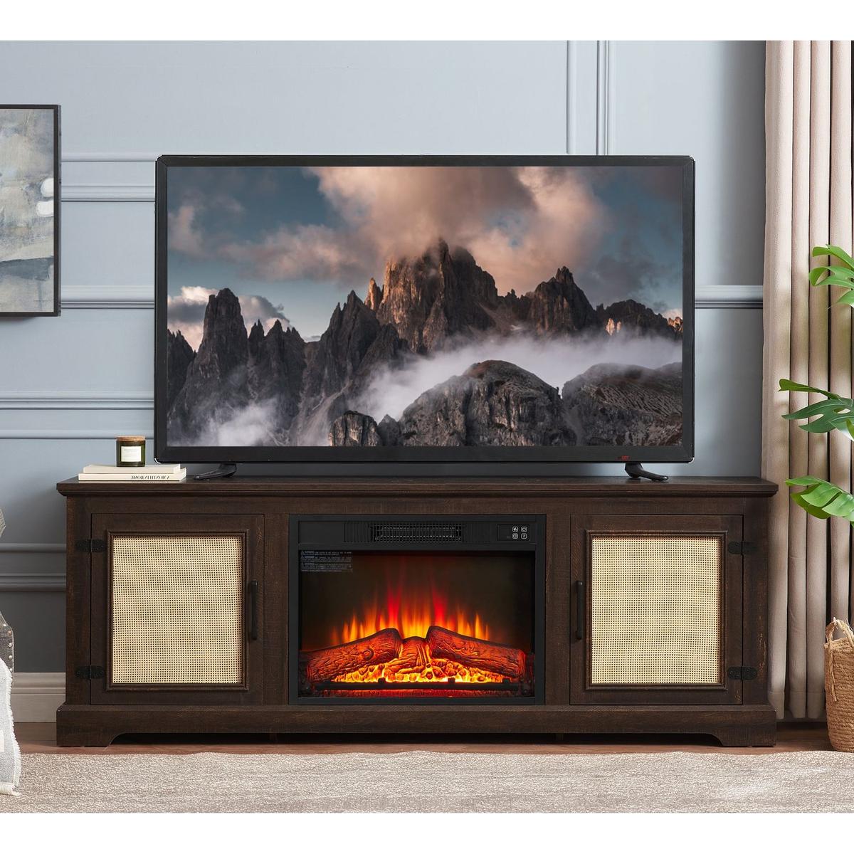 Natural Rattan Door Cabinet with Adjustable Shelf Wood, Farmhouse Rattan TV Stand Console Table for TVs up to 70 Inches, Storage tv stand with 23" fireplace insert, 65"Wx15.55"Dx23.86"H, Espresso