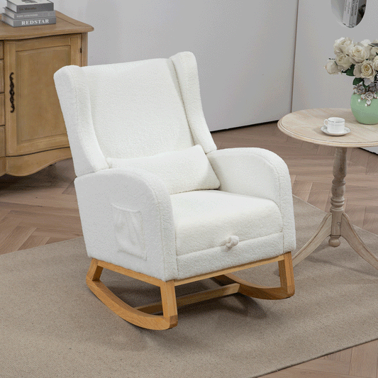 25.4'W Modern Rocking Chair for Nursery, Mid Century Accent Arm Rocker With Retractable Footrest, Side Pocket, Comfy Upholstered Wingback Wooden Glider Chair for Living Room Baby Kids Room. Ivory