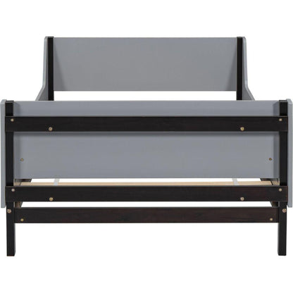 Twin Bed with Headboard, Footboard, Safeguards, Built-in Bed-end Book Storage Rack, Grey