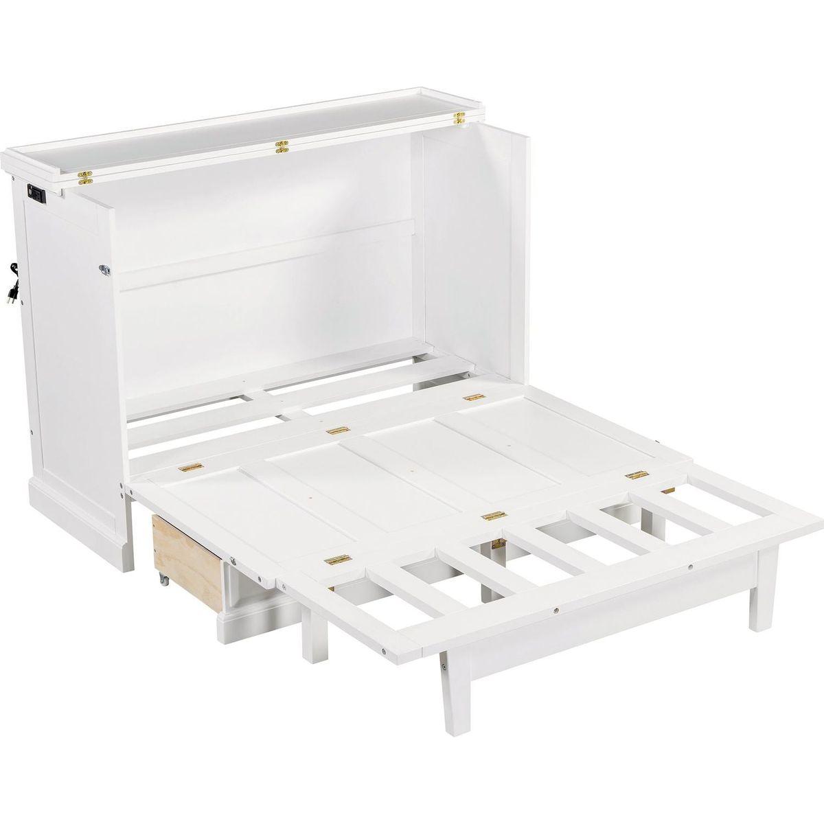 Solid Pine Murphy Bed Chest Cube Cabinet Bed with Charging Station and Large Storage Drawer for Home Office or Small Room,Full,White