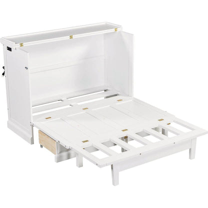 Solid Pine Murphy Bed Chest Cube Cabinet Bed with Charging Station and Large Storage Drawer for Home Office or Small Room,Full,White