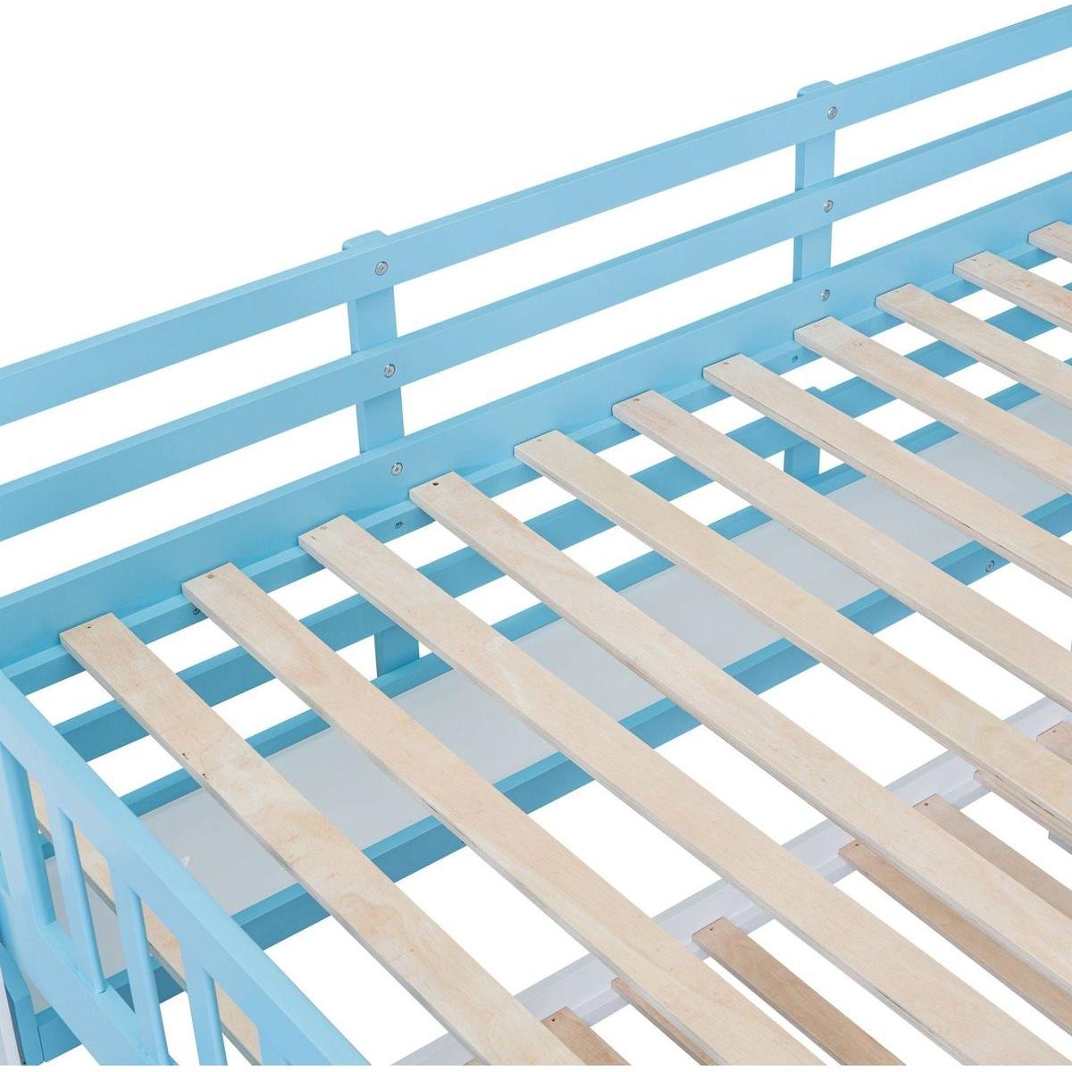 Full-Over-Full Castle Style Bunk Bed with 2 Drawers 3 Shelves and Slide - Blue