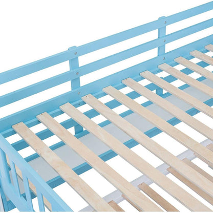 Full-Over-Full Castle Style Bunk Bed with 2 Drawers 3 Shelves and Slide - Blue