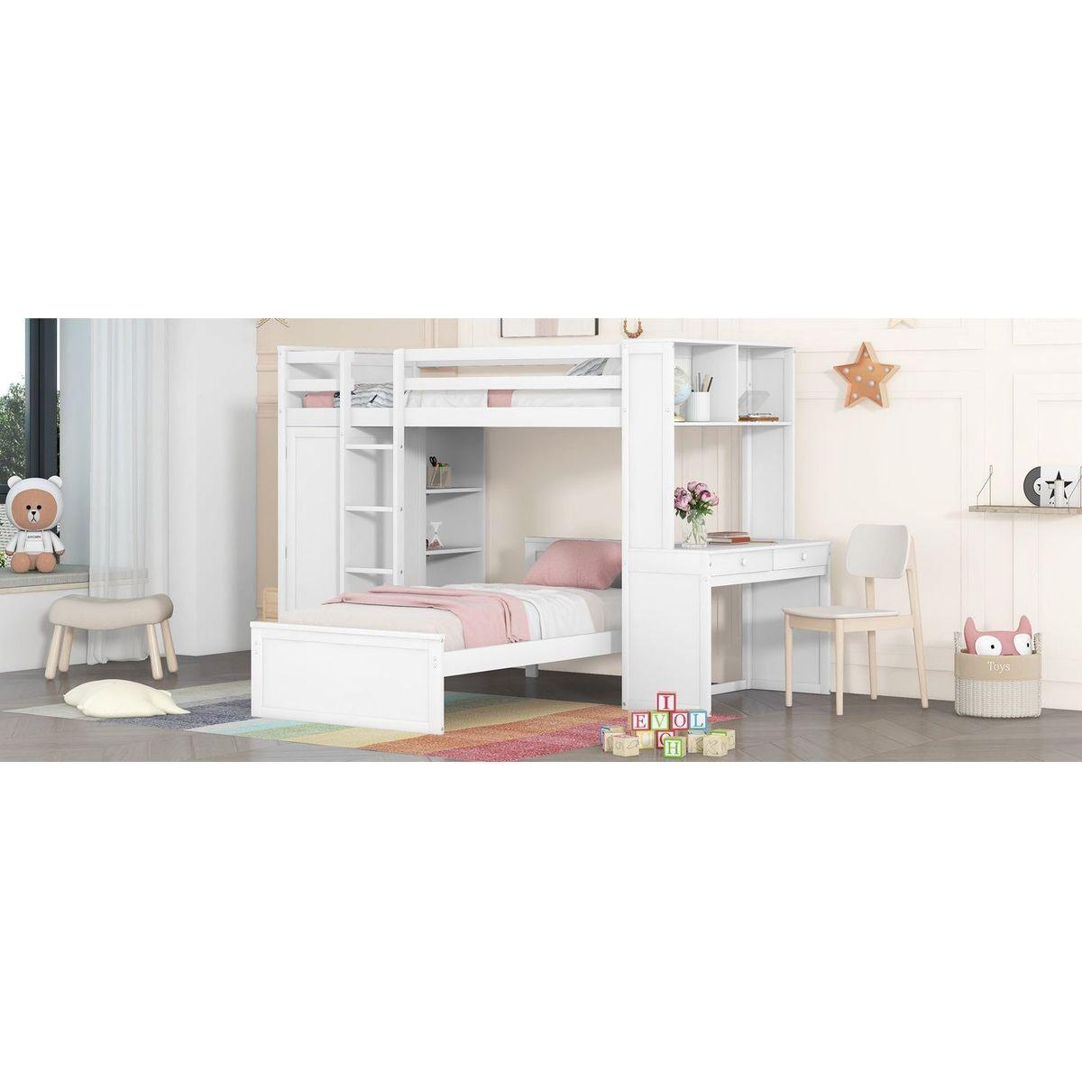 Twin size Loft Bed with a Stand-alone bed, Shelves,Desk,and Wardrobe-White