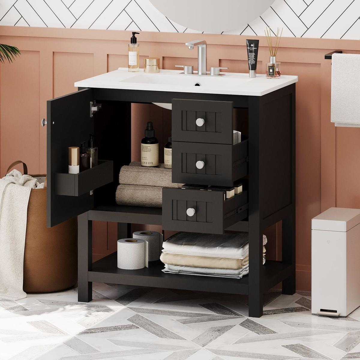 30inch Transitional Style Bathroom Vanity Cabinet Combo with Ceramic Sink,Soft Close Door