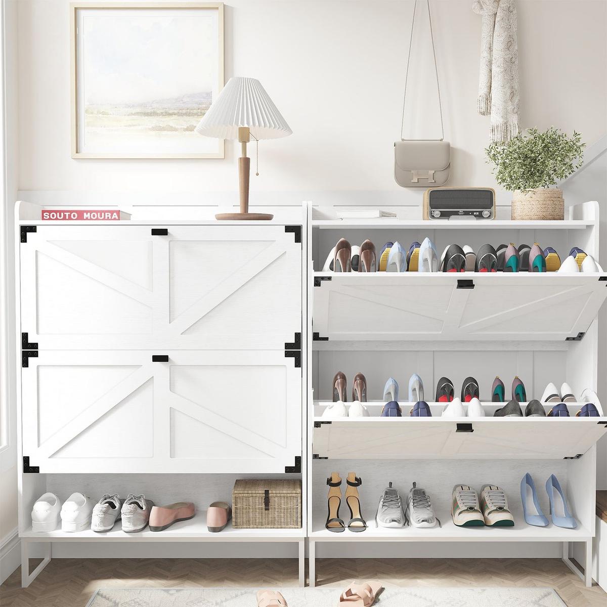 Shoe Cabinet with 2 Flip Drawers,Shoe Storage Cabinet for Entryway,Freestanding Shoe Cabinet Organizer with Open Storage,Narrow Farmhouse Shoe Rack with Metal Corner Decoration Legs,White