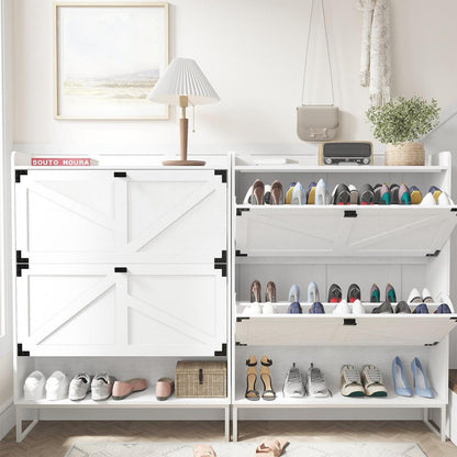 Shoe Cabinet with 2 Flip Drawers,Shoe Storage Cabinet for Entryway,Freestanding Shoe Cabinet Organizer with Open Storage,Narrow Farmhouse Shoe Rack with Metal Corner Decoration Legs,White
