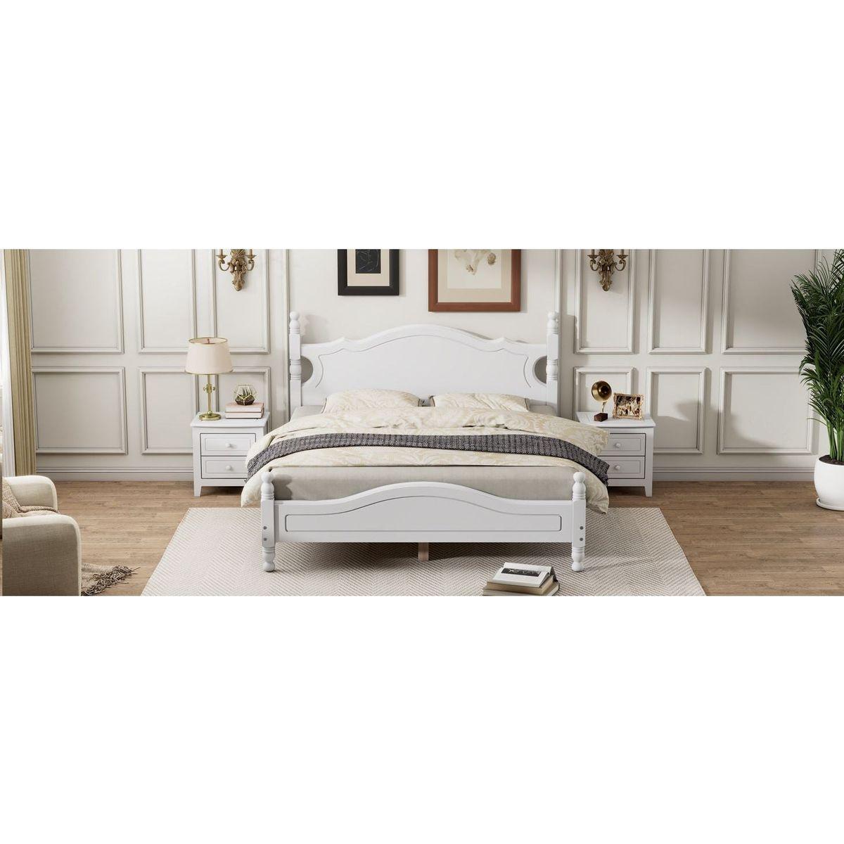 Queen Size Wood Platform Bed Frame,Retro Style Platform Bed with Wooden Slat Support,White