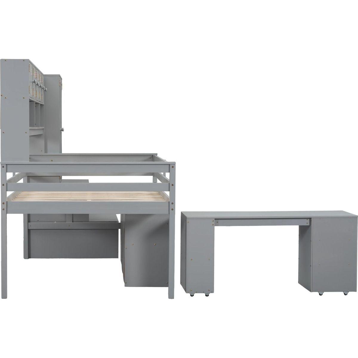 Full Size Wooden Loft Bed Big Storage with Under-bed Desk, with Drawers, with Shelves, Gray