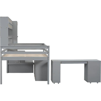 Full Size Wooden Loft Bed Big Storage with Under-bed Desk, with Drawers, with Shelves, Gray