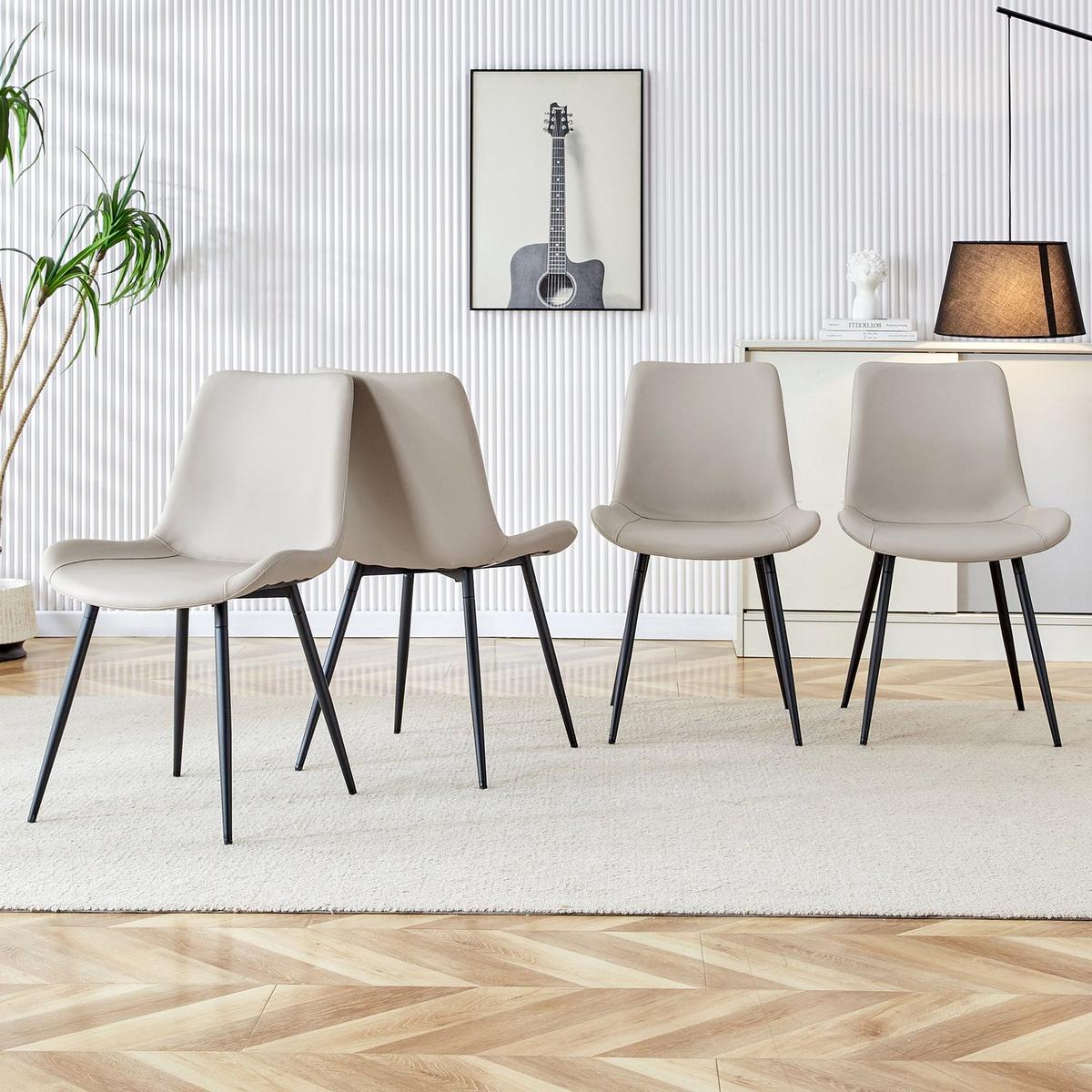 Light gray artificial leather backrest cushion dining chair, black metal legs, curved widened cushion design for more comfort, suitable for restaurants, kitchens, bedrooms, offices.(6 chairs) 0502