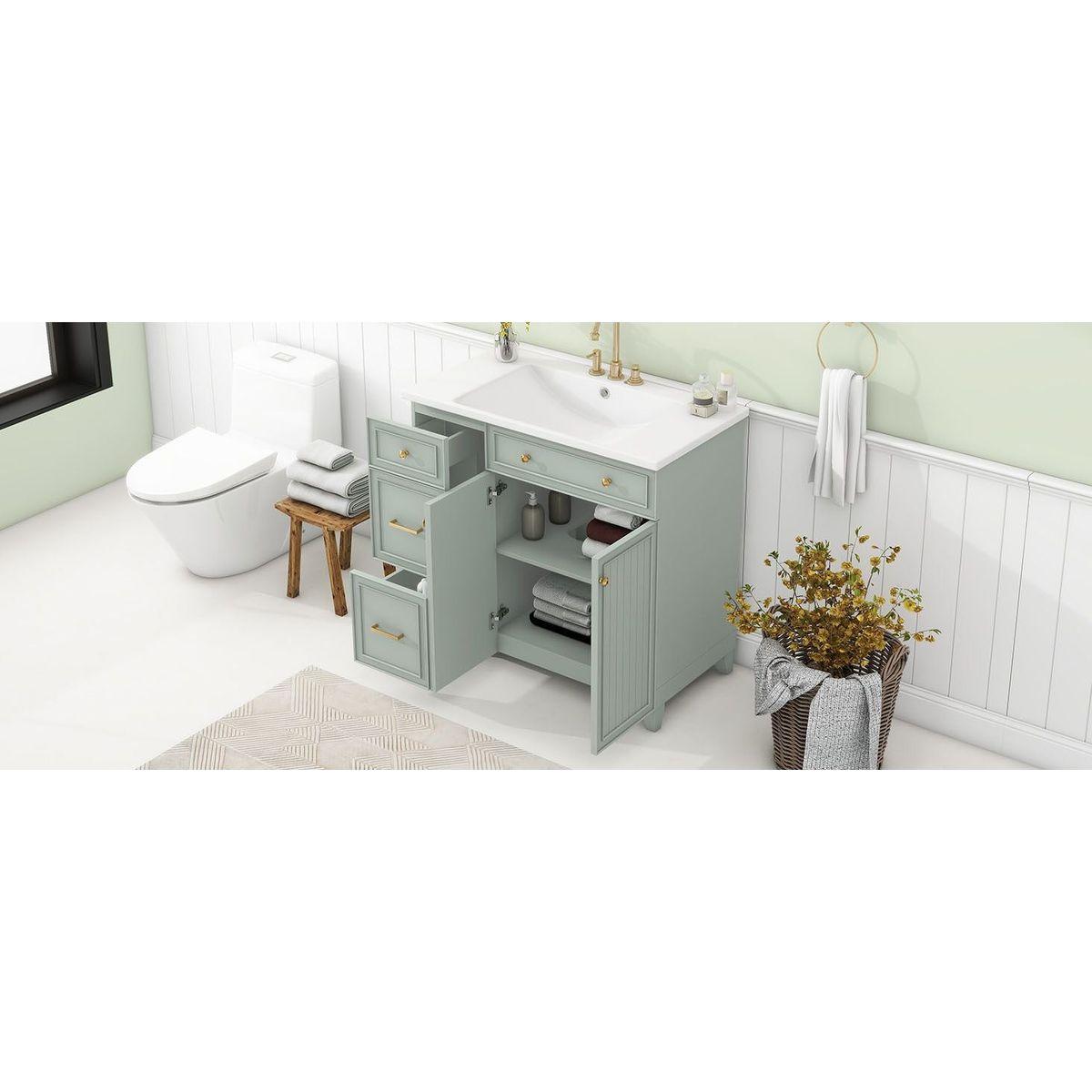 36-inch Bathroom Vanity, Transitional Style Bathroom Cabinet with Resin Sink, Green Single Bathroom Cabinet, with 2 Drawers and 1 Adjustable Storage Shelf, 2 Soft-close Doors