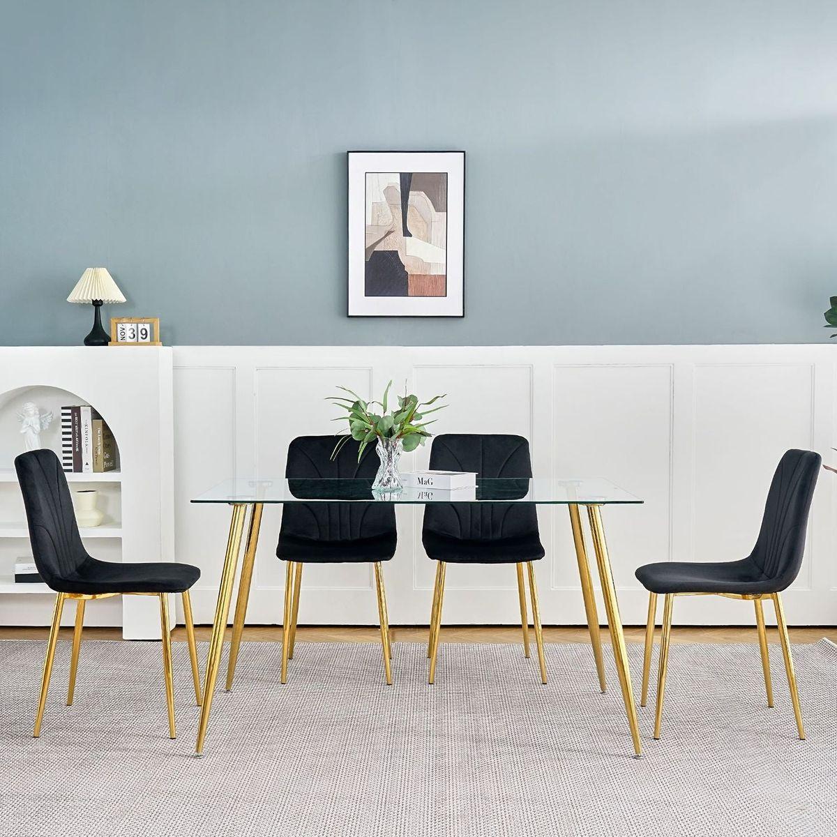 Modern simple light luxury dining black chair home bedroom stool back dressing chair student desk chair gold metal legs(set of 4)