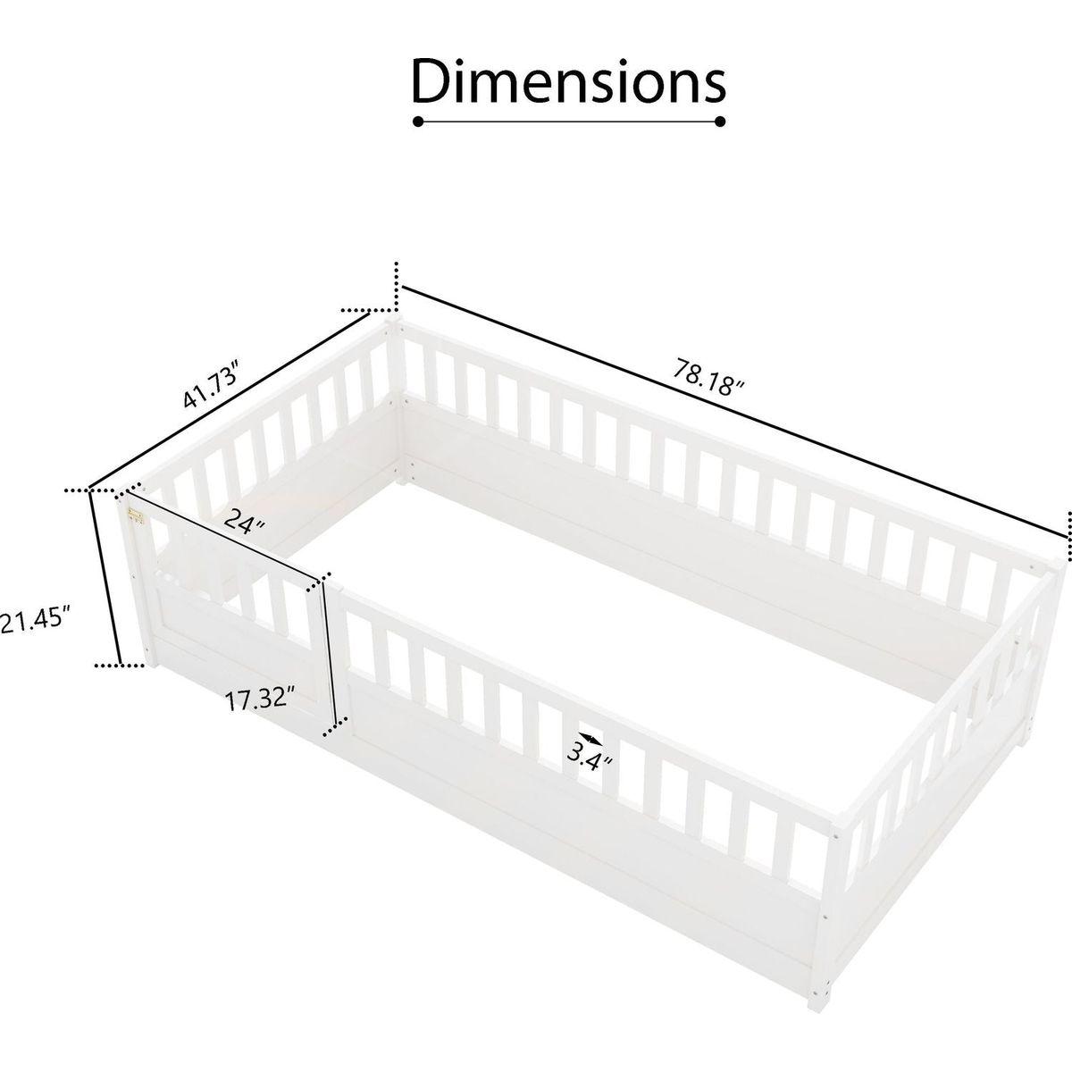 Twin Size Floor bed, integral construction with super high security barrier, door, children's floor bed frame, Montessori wooden children's floor bed, white