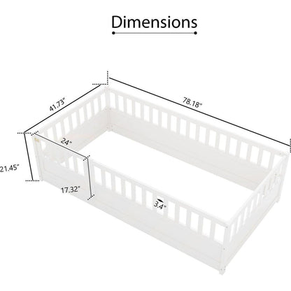 Twin Size Floor bed, integral construction with super high security barrier, door, children's floor bed frame, Montessori wooden children's floor bed, white