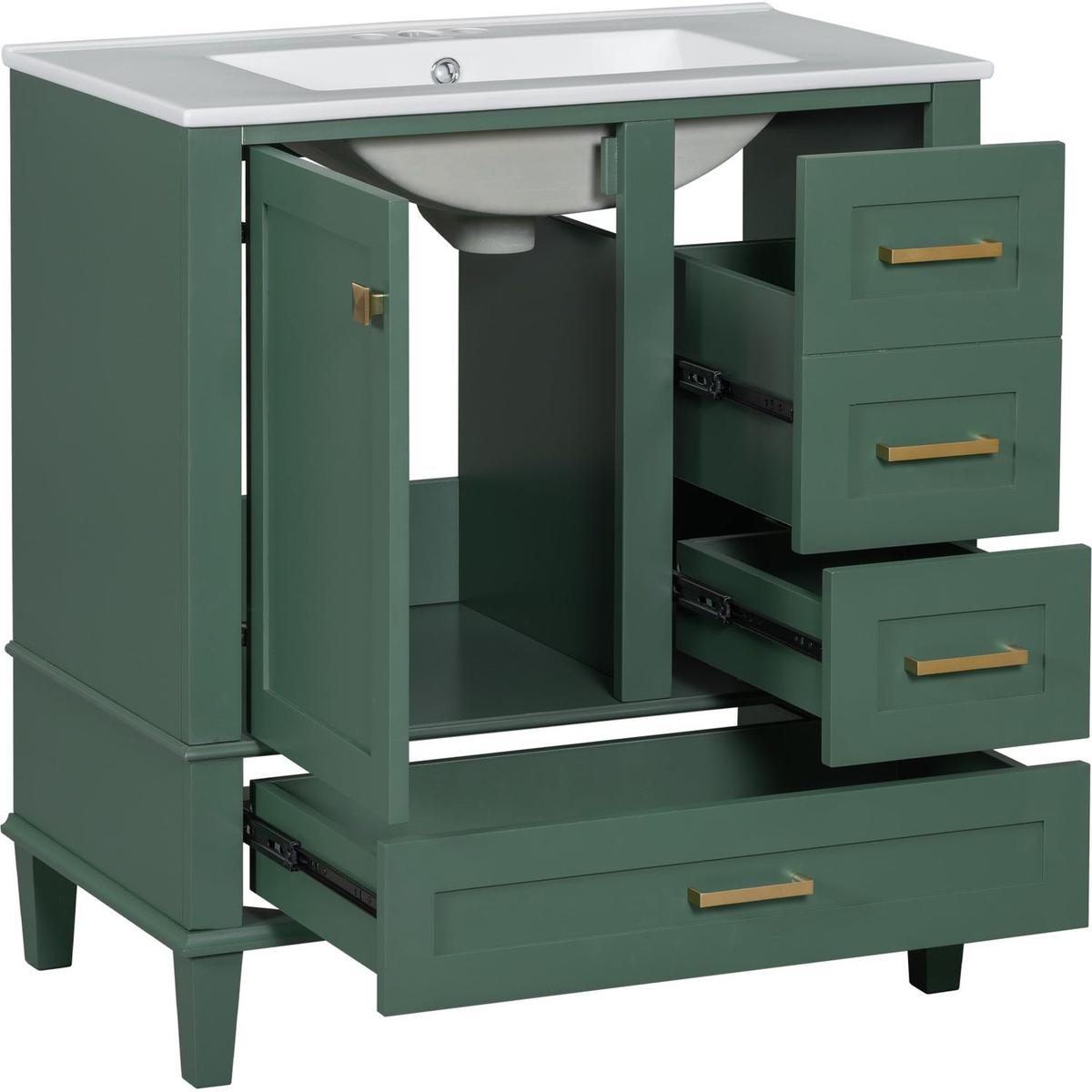 30" Bathroom Vanity in Green, Modern Bathroom Cabinet with Sink Combo Set, Bathroom Storage Cabinet with a Soft Closing Door and 3 Drawers, Solid Wood Frame