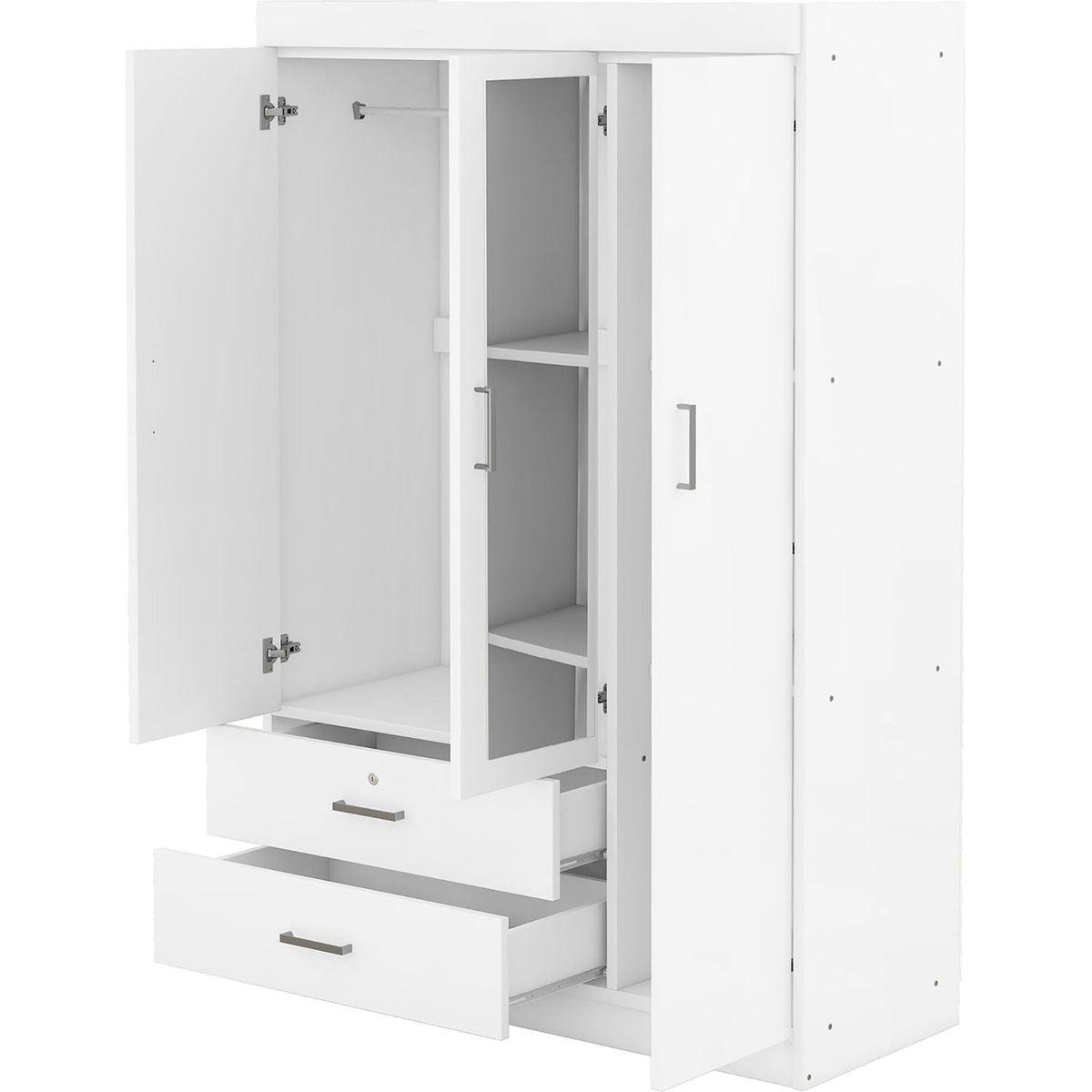 3-Door Mirror Wardrobe with shelves, White - Streamdale Furniture