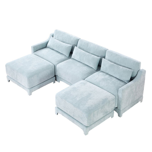 Elegant Sky Blue Three-Seater Sofa with Ottomans and Lumbar Pillow, Chenille Fabric, High-Resilience Sponge, Wooden Base