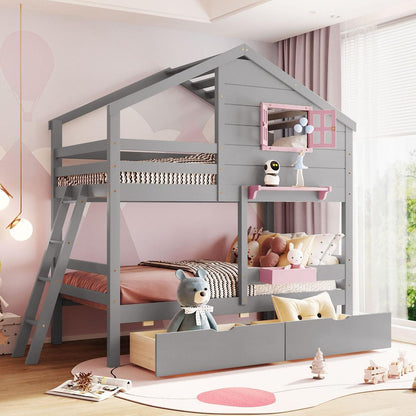 Twin over Twin Bunk Bed with 2 Drawers, 1 Storage Box, 1 Shelf, Window and Roof-Gray