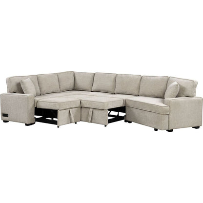 126" L-shaped Sofa Sectional Sofa Couch Pull-out Sofa Bed with Charging Devices and Cup Holders for Living Room, Beige