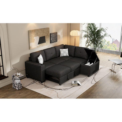 83.8" Reversible Sectional Pull-Out Sofa Bed L-Shaped Corner Sofa Couch with Storage Chaise, USB Ports, Power Sockets, Cup Holder for Living Room, Bedroom, Study, Black