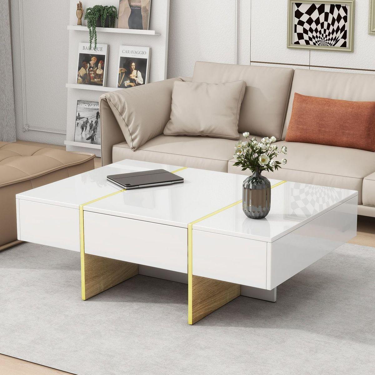 47.2" x 31.4"Minimalist High Gloss Coffee Table with 2 Drawers, Multi-Storage Rectangle Sofa Table with Golden Wood Grain Legs, Modern Center Table for Living Room, White