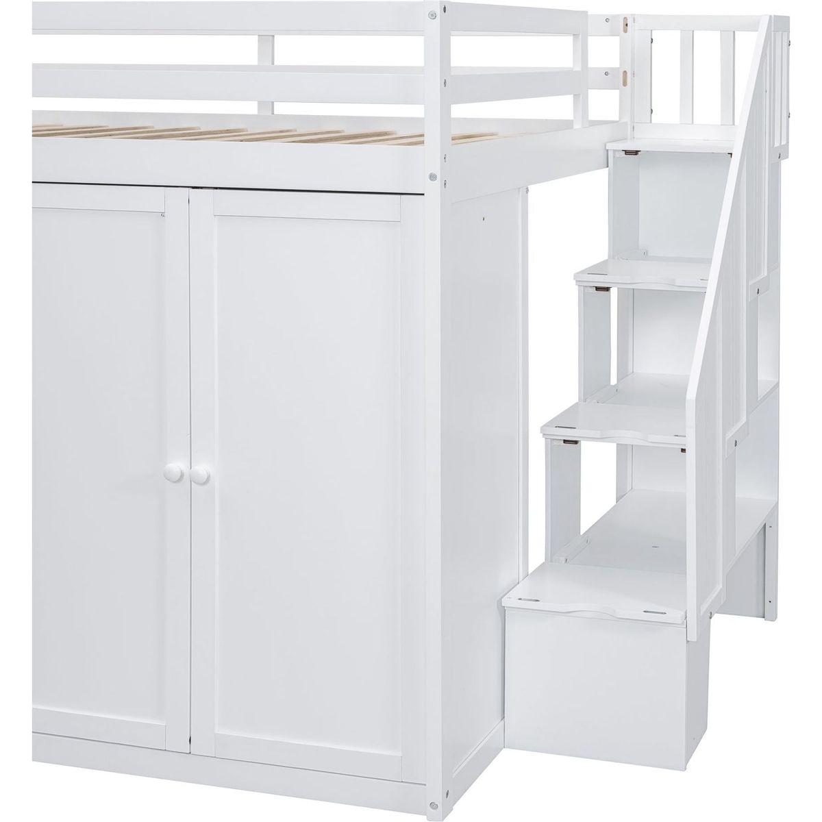 Full Size Wood Loft Bed With Built-in Wardrobes, Cabinets and Drawers, White