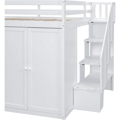 Full Size Wood Loft Bed With Built-in Wardrobes, Cabinets and Drawers, White