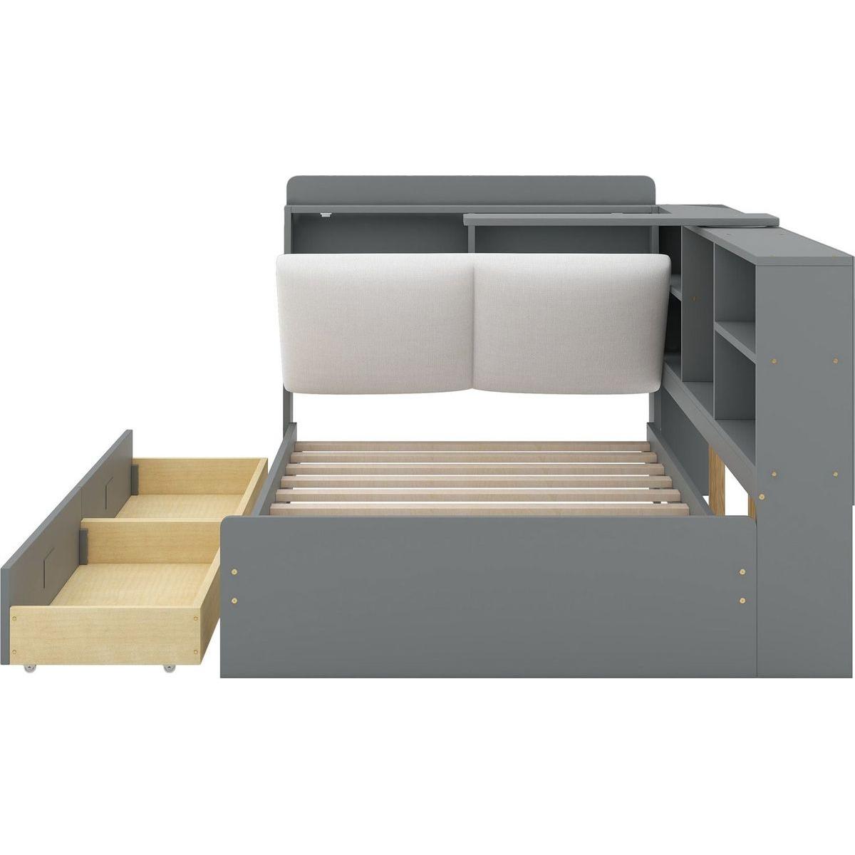 Wood Twin Size platform bed with Storage Headboard, Shelves and 2 Drawers, Gray