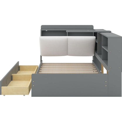 Wood Twin Size platform bed with Storage Headboard, Shelves and 2 Drawers, Gray