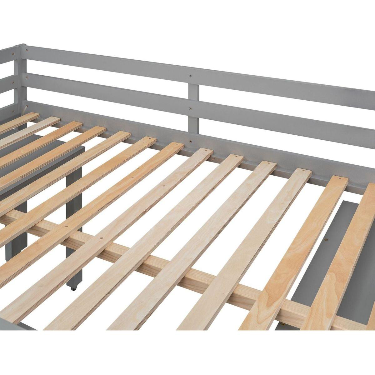 Low Study Full Loft Bed with Cabinet, Shelves and Rolling Portable Desk, Multiple Functions Bed- Gray