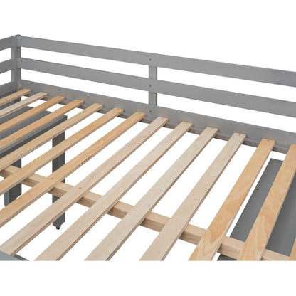 Low Study Full Loft Bed with Cabinet, Shelves and Rolling Portable Desk, Multiple Functions Bed- Gray