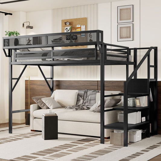 Twin XL Size Loft Bed with Stairs, Metal Full Loft Bed with Storage Shelves, High Loft Bed with Wardrobe for Kids Teens, Black(Expect Arrival Date 2025/10/14)