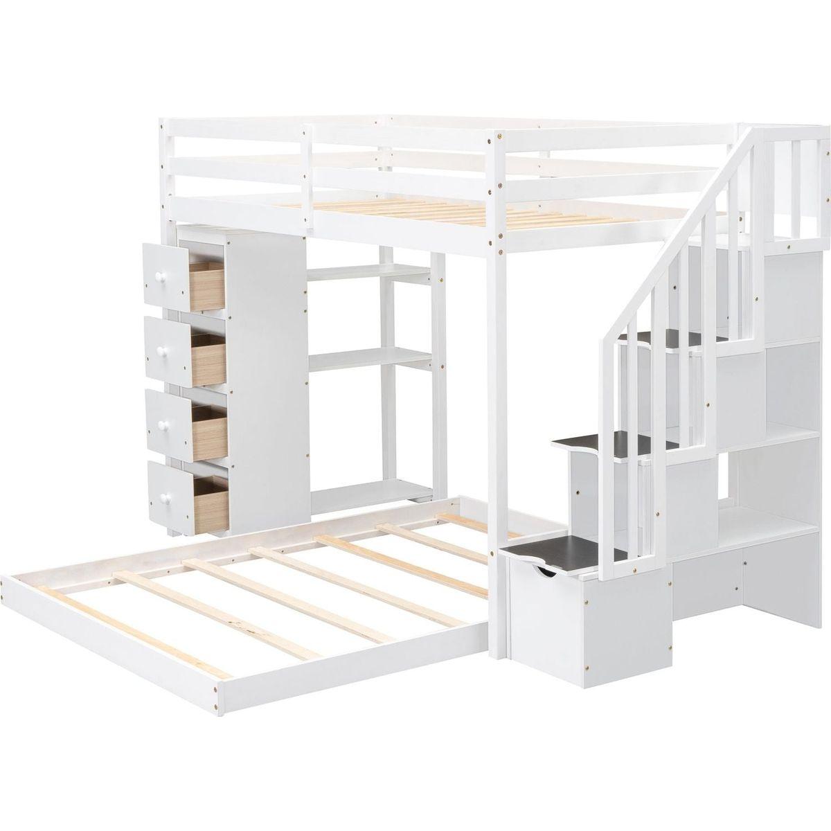 Twin Over Full Bunk Bed with 3-layer Shelves, Drawers and Storage Stairs, White
