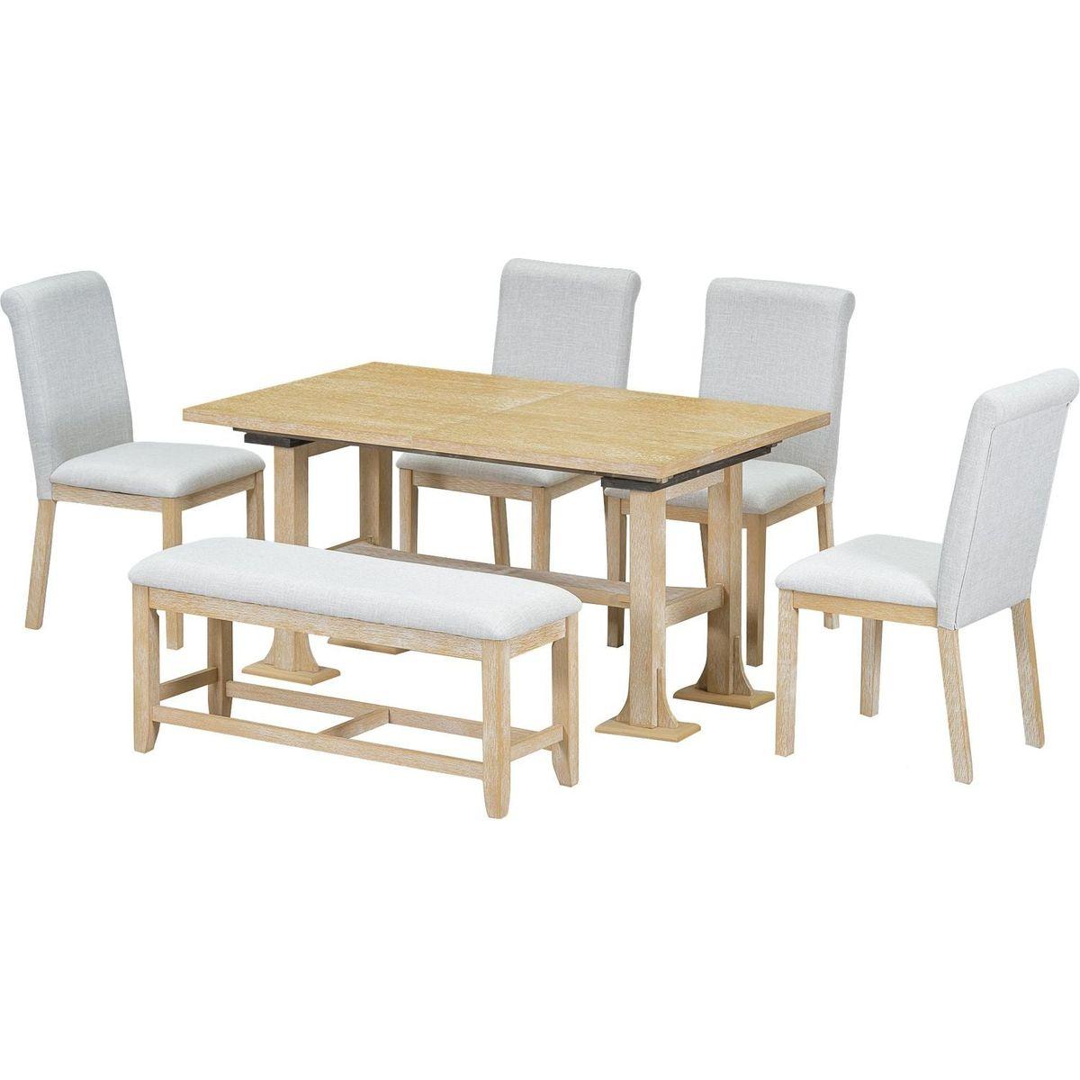 Farmhouse 76inch 6-Piece Extendable Dining Table Set Trestle Kitchen Table Set with 18inch Removable Leaf and Upholstered Dining Chair and Bench for Dining Room, Natural