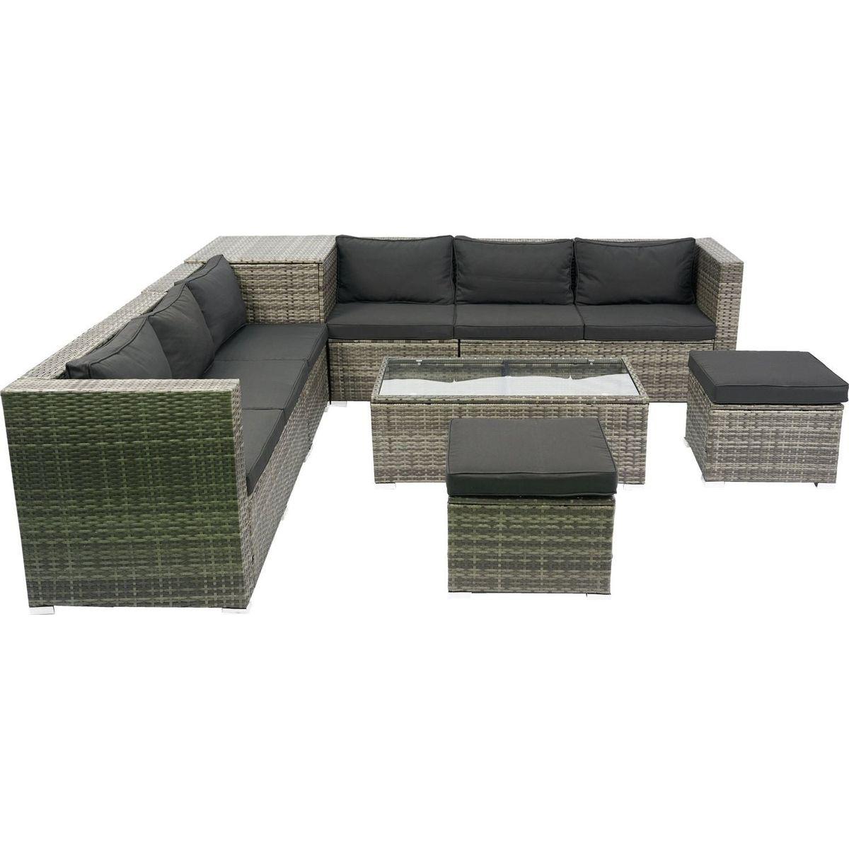 8 Piece Patio Sectional Wicker Rattan Outdoor Furniture Sofa Set with One Storage Box Under Seat and Cushion Box Grey wicker + Black Cushion + Clear Glass Top