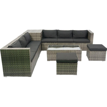 8 Piece Patio Sectional Wicker Rattan Outdoor Furniture Sofa Set with One Storage Box Under Seat and Cushion Box Grey wicker + Black Cushion + Clear Glass Top