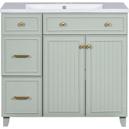 36-inch Bathroom Vanity, Transitional Style Bathroom Cabinet with Resin Sink, Green Single Bathroom Cabinet, with 2 Drawers and 1 Adjustable Storage Shelf, 2 Soft-close Doors