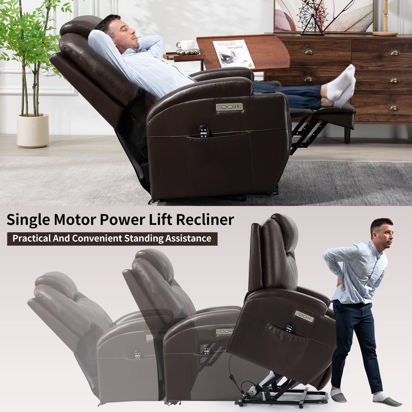 Up to 350lbs Okin Motor Power Lift Recliner Chair for Elderly, Heavy Duty Motion Mechanism with 8-Point Vibration Massage and Lumbar Heating, Two Cup Holders and USB Charge Port, Brown