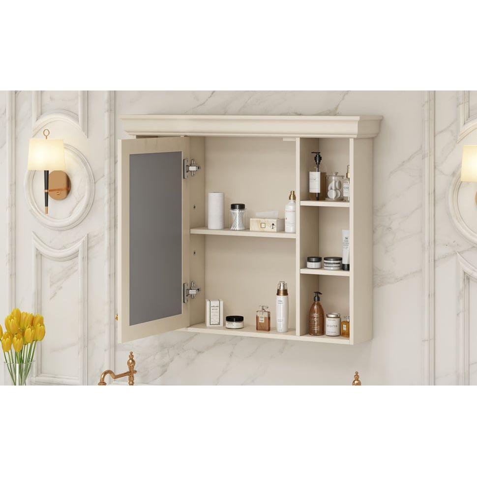 35" x 28" Blue Wall Mounted Bathroom Storage Cabinet with Mirror Door, Modern Bathroom Wall Cabinet with Mirror, Medicine Cabinet with 6 Open Shelves