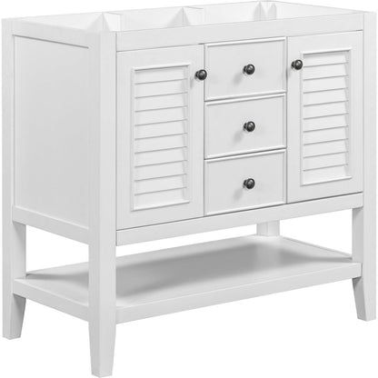 36" Bathroom Vanity without Sink, Cabinet Base Only, Two Cabinets and Drawers, Open Shelf, Solid Wood Frame, White