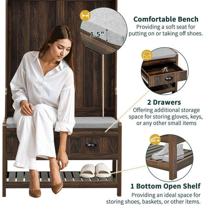 Hall Tree with 6 Hooks and Hinged Lid, Coat Hanger, Entryway Bench, Storage Bench, 3-in-1 Design, 69INCH, for Entrance, Hallway