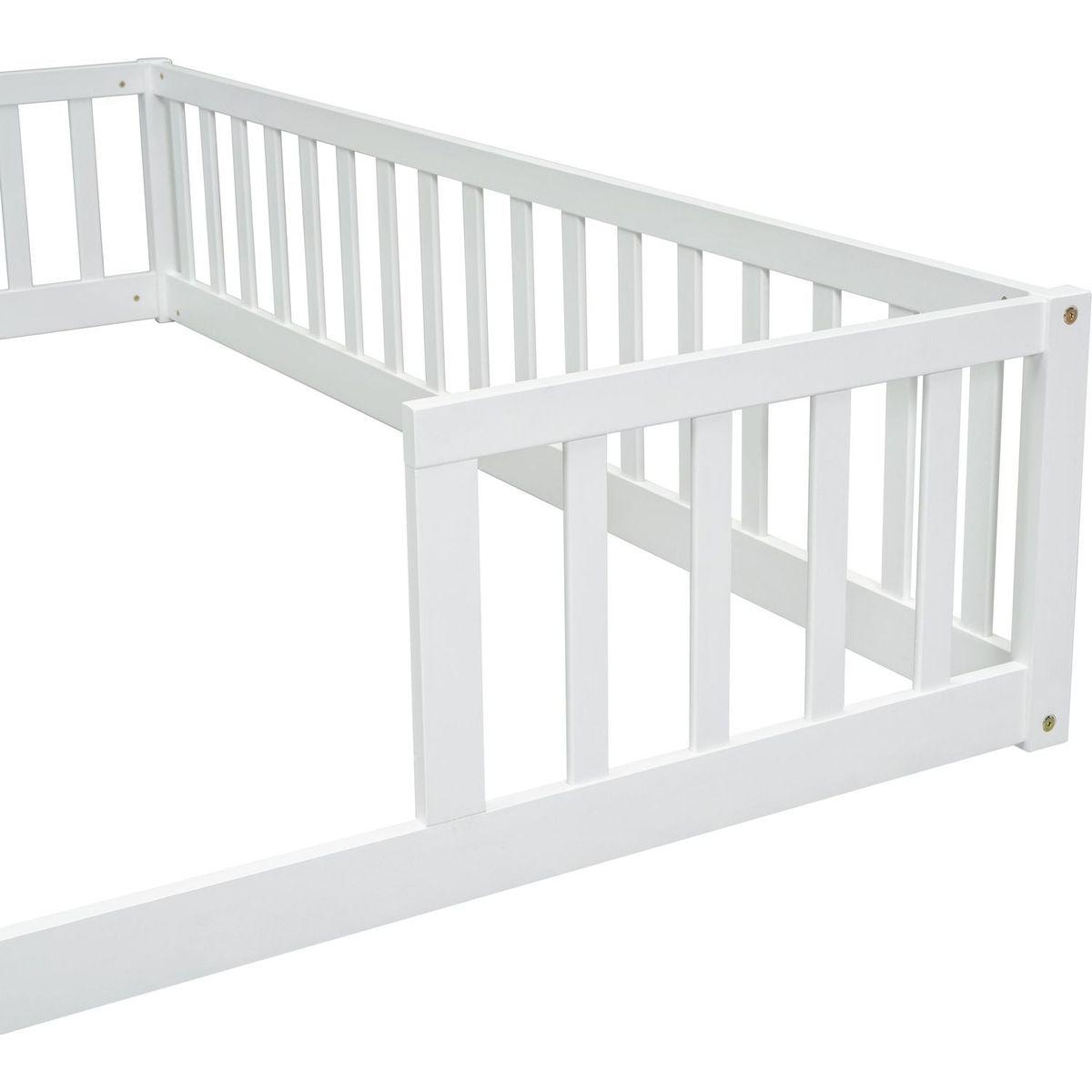 Double Twin Floor Bed with Fence, Guardrails, without door, White