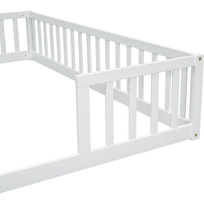 Double Twin Floor Bed with Fence, Guardrails, without door, White