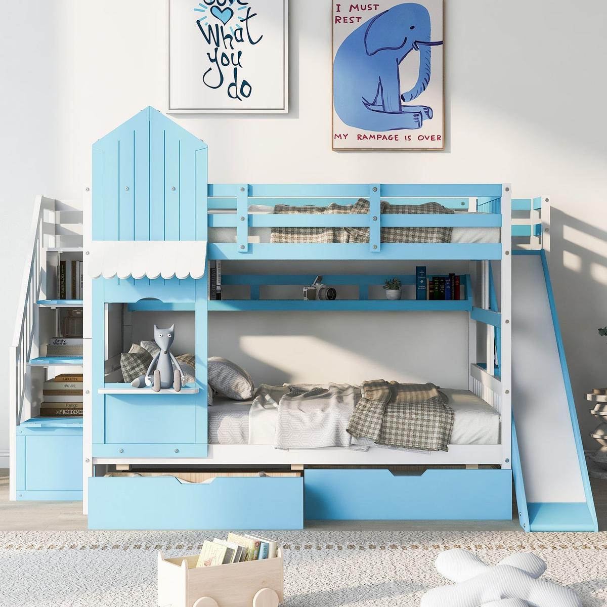 Full-Over-Full Castle Style Bunk Bed with 2 Drawers 3 Shelves and Slide - Blue