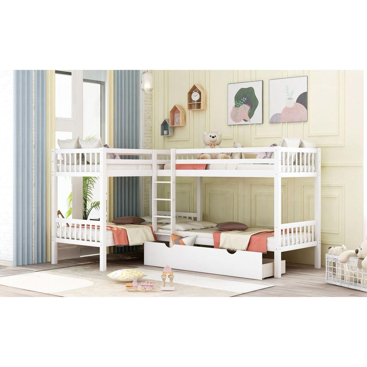 Twin L-Shaped Bunk bed with Drawers-Gray