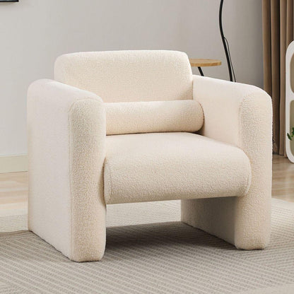 Modern Accent Chair Lambskin Sherpa Fabric Upholstered Comfy Reading Arm Chair Soft Padded Armchair with Back and Pillow for Living Room Bedroom Reception Waiting Room Office, Cream