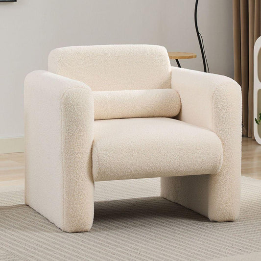 Modern Accent Chair Lambskin Sherpa Fabric Upholstered Comfy Reading Arm Chair Soft Padded Armchair with Back and Pillow for Living Room Bedroom Reception Waiting Room Office, Cream