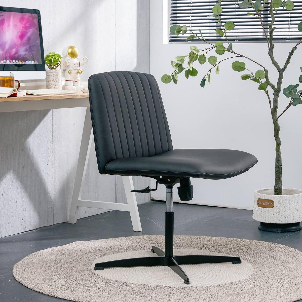 Black High Grade Pu Material. Home Computer Chair Office Chair Adjustable 360 Swivel Cushion Chair With Black Foot Swivel Chair Makeup Chair Study Desk Chair. No Wheels